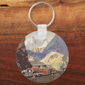 雪の冬の山道のビンテージカー キーホルダー (正面)