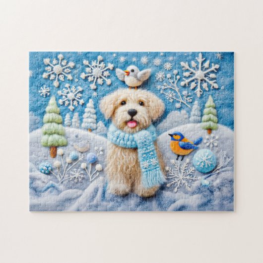 雪の冬の情景にいるフェルトの犬 ジグソーパズル (横)