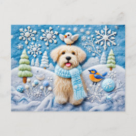 雪の冬の情景にいるフェルトの犬 ポストカード