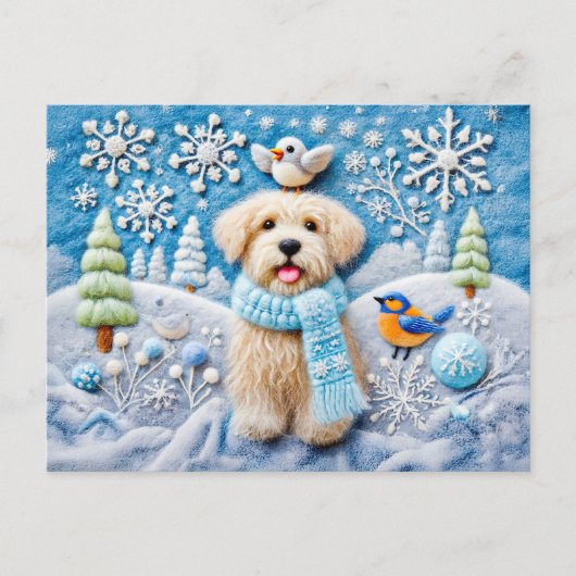 雪の冬の情景にいるフェルトの犬 ポストカード (正面)