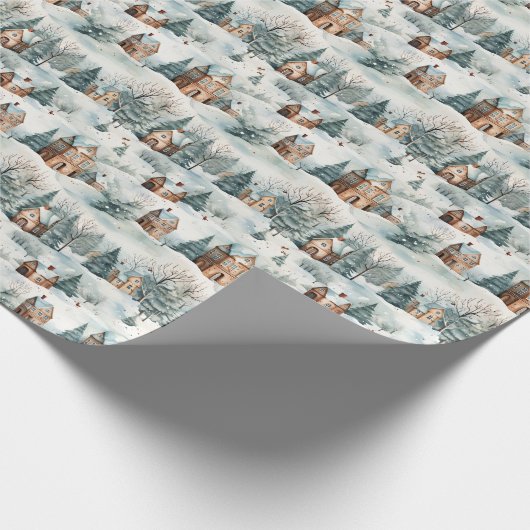 雪の冬の村シーンクリスマス ラッピングペーパー (角)
