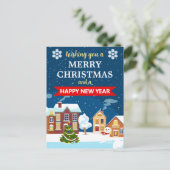 雪の冬の村シーンメリークリスマス シーズンポストカード (スタンド正面)