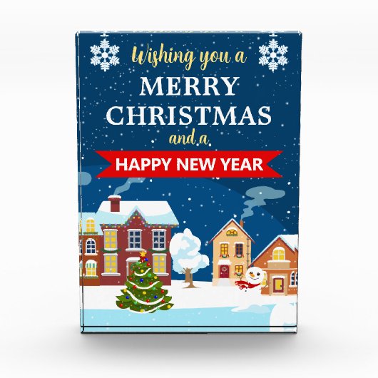 雪の冬の村シーンメリークリスマス フォトブロック (正面)