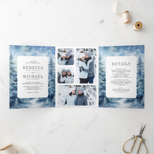 雪の冬の松の森フォトコラージュ結婚ズ 三つ折り招待状 (内部)