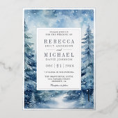 雪の冬の松の森フォトコラージュ結婚ズ 箔招待状 (正面)