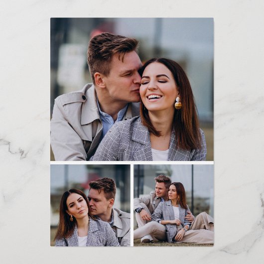 雪の冬の松の森フォトコラージュ結婚ズ 箔招待状 (裏面)