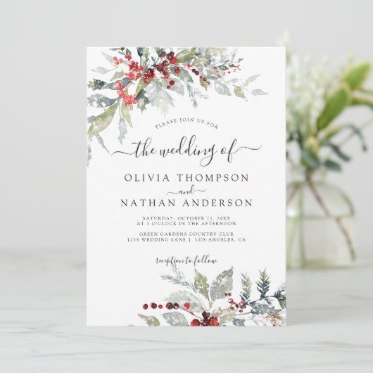 雪の冬の果実ボタニカルモノグラム結婚ズ 招待状 (スタンド正面)