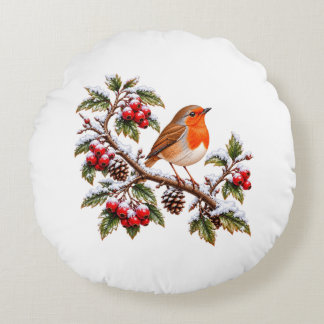 雪の冬の枝に止まるコマドリのクリスマス ラウンドクッション