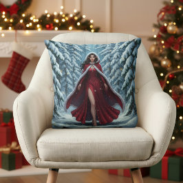 雪の冬の森に佇む赤いクリスマスエルフ クッション