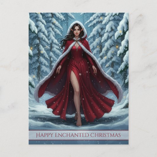 雪の冬の森に佇む赤いクリスマスエルフ シーズンポストカード (正面)