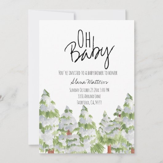 雪の冬の森のベビーシャワーの招待 招待状 (正面)