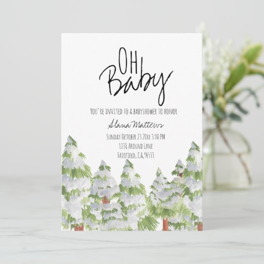 雪の冬の森のベビーシャワーの招待 招待状 (スタンド正面)