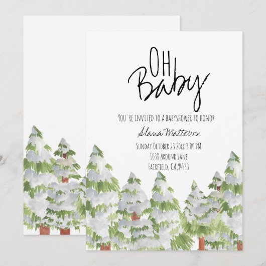 雪の冬の森のベビーシャワー招待状 招待状 (正面/裏面)