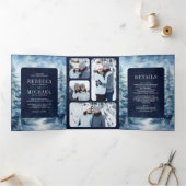 雪の冬の森の写真コラージュ海軍結婚の 三つ折り招待状 (内部)