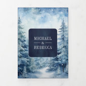 雪の冬の森の写真コラージュ海軍結婚の 三つ折り招待状 (カバー)