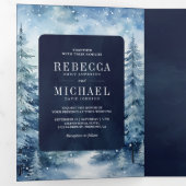 雪の冬の森の写真コラージュ海軍結婚の 三つ折り招待状 (内部最初)