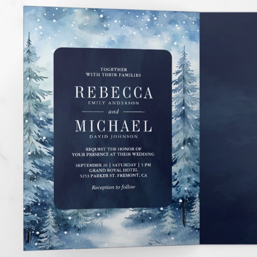 雪の冬の森の写真コラージュ海軍結婚の 三つ折り招待状 (内部最初)