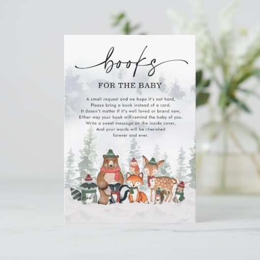 雪の冬の森の動物のブックリクエスト エンクロージャーカード (スタンド正面)
