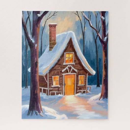 雪の冬の森の小屋 クリスマス ジグソーパズル (縦)