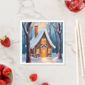 雪の冬の森の小屋 クリスマス スタンダードカクテルナプキン (インサイチュ)