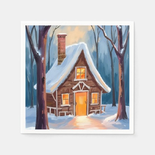 雪の冬の森の小屋 クリスマス スタンダードカクテルナプキン (正面)