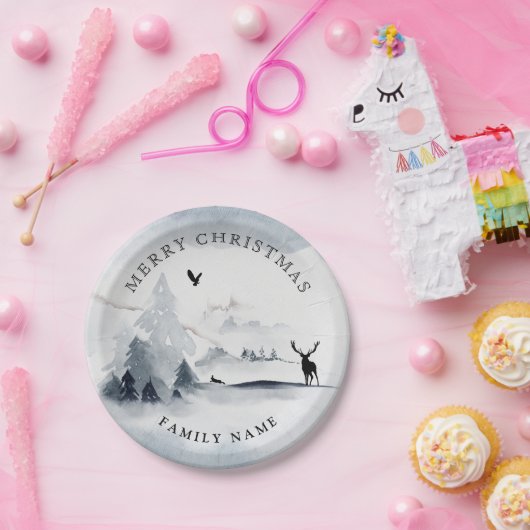 雪の冬の森の山メリークリスマス ペーパープレート (パーティー)