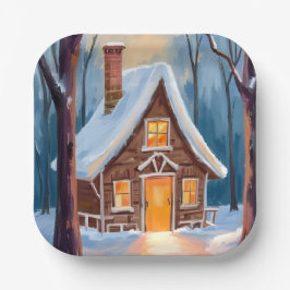 雪の冬の森の水彩画の小屋 ペーパープレート