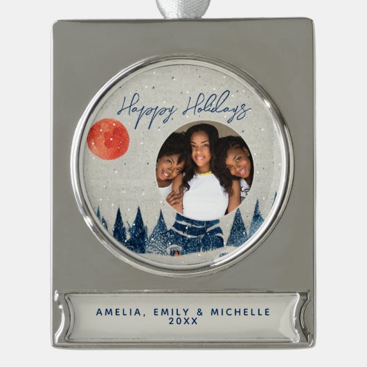 雪の冬の森の雪の結晶ホリデーフォト シルバープレートバナーオーナメント (正面)