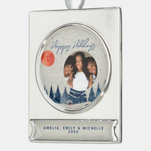 雪の冬の森の雪の結晶ホリデーフォト シルバープレートバナーオーナメント (左)