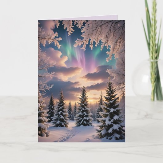 雪の冬の森、氷の結晶、オーロラ カード (正面)