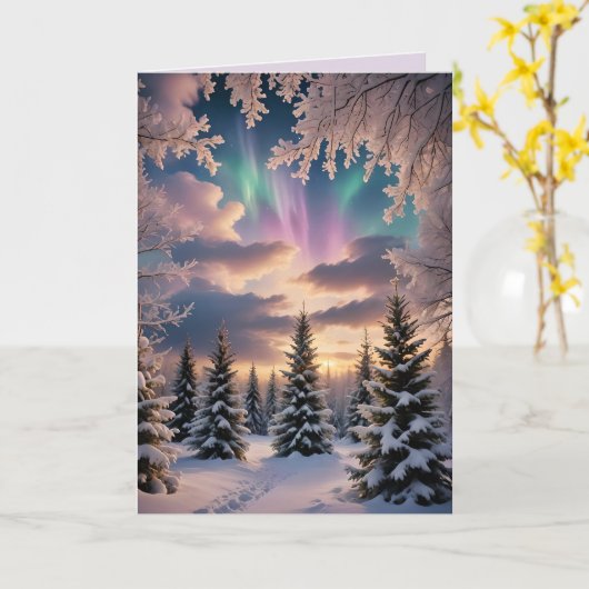 雪の冬の森、氷の結晶、オーロラ カード (黄色い花)