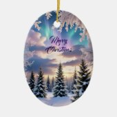 雪の冬の森、氷の結晶、北の光 セラミックオーナメント (正面)