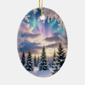雪の冬の森、氷の結晶、北の光 セラミックオーナメント (裏面)