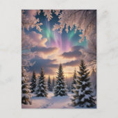 雪の冬の森、氷の結晶、北の光 ポストカード (正面)