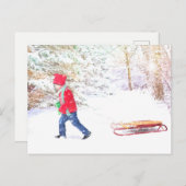 雪の冬の男の子のクリスマスの休日 シーズンポストカード (正面/裏面)