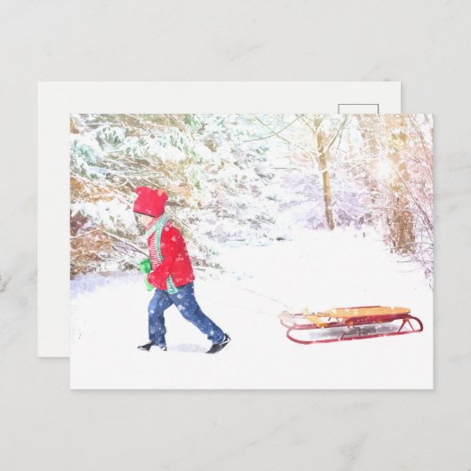雪の冬の男の子のクリスマスの休日 シーズンポストカード (正面/裏面)