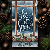 雪の冬の窓クリスマスを許す キッチンタオル