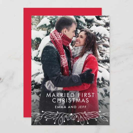 雪の冬の結婚した初めてのクリスマスホリデーフォト シーズンカード (正面/裏面)