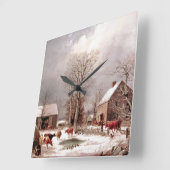 雪の冬の農場の牛ダックターキーの壁時計 スクエア壁時計 (傾斜)