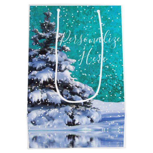 雪の冬の雪のティール（緑がかった色）白エレガント ミディアムペーパーバッグ (裏面)