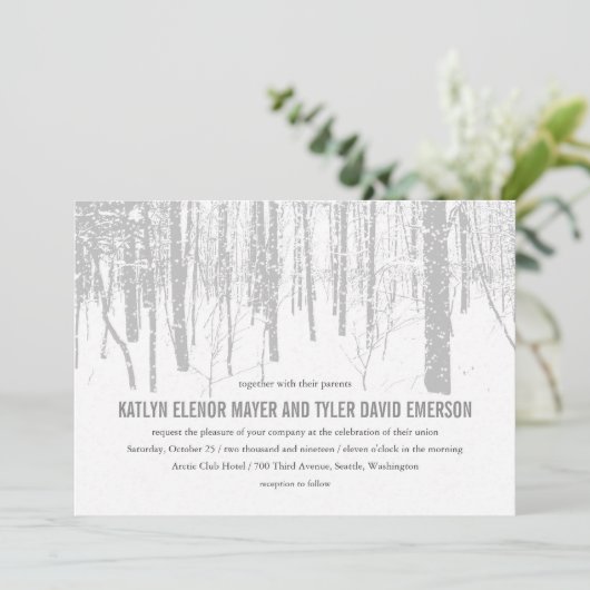 ©雪の冬の霜の降りた森の冬の結婚式の招待状 招待状 (スタンド正面)