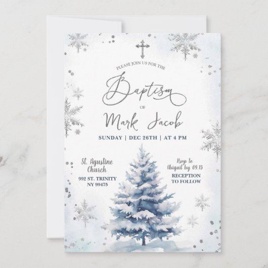 雪の冬の青い男の子クリスマスバプティスデー 招待状 (正面)