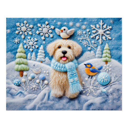 雪の冬景色のフェルト犬 ポスター (正面)