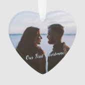 雪の初めてのクリスマスをフォトブルー オーナメント (正面)