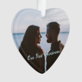 雪の初めてのクリスマスをフォトブルー オーナメント (正面)