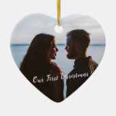 雪の初めてのクリスマスフォトパープル セラミックオーナメント (正面)