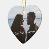 雪の初めてのクリスマスフォトパープル セラミックオーナメント (左)