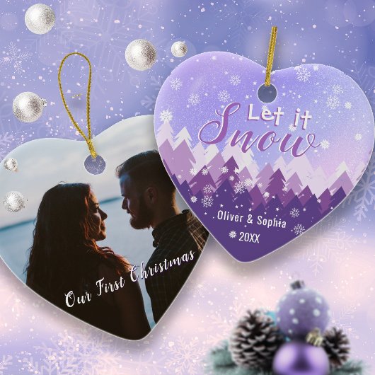 雪の初めてのクリスマスフォトパープル セラミックオーナメント