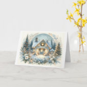 雪の別荘の温かい光のシーン カード (黄色い花)