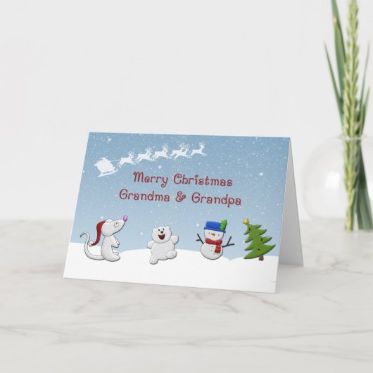 雪の動物たちの祖父母のクリスマスグリーティングカード シーズンカード (正面)